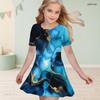 Girls Round Neck Short Sleeve Black Blue Floral Tree Printed A Line Flared Dress