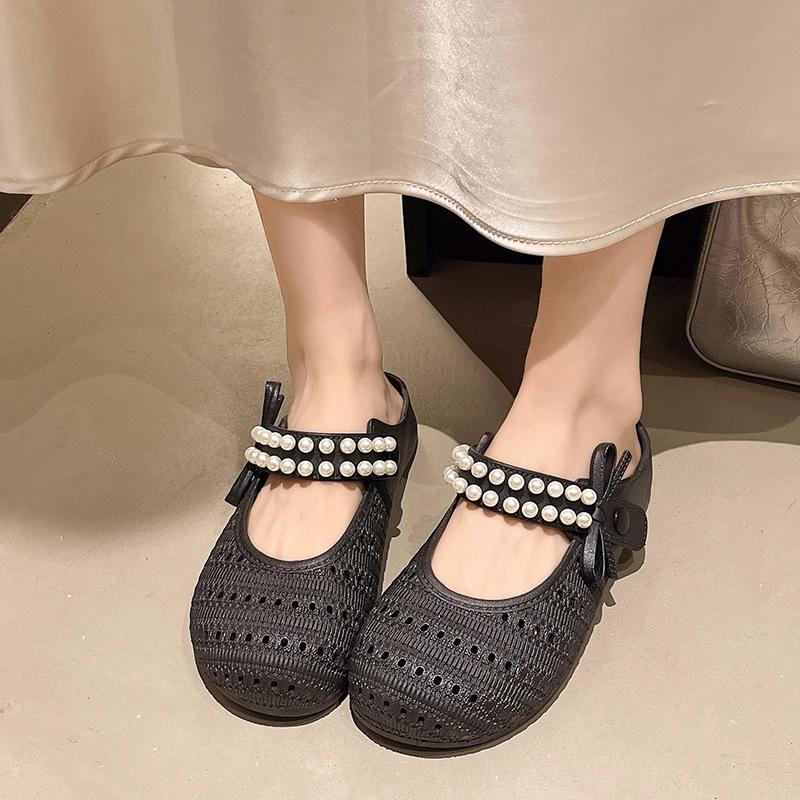 Half-bag Head Slippers Women's Summer Outer Wear New Fashion Niche Hollow Pearl Comfortable Outer Wear Cool Slippers