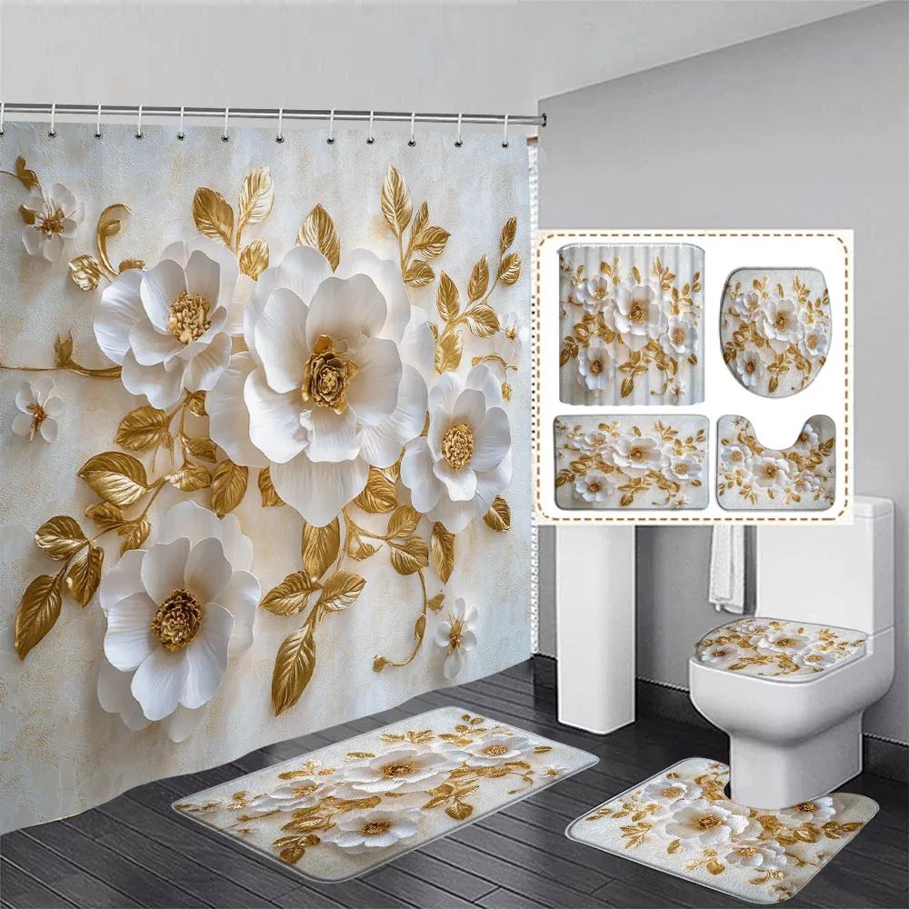 Luxury Pink Floral Butterfly Shower Curtain Set Diamond Flower Art Bathroom Decor Bath Curtains Bath Mats Toilet Lid Cover