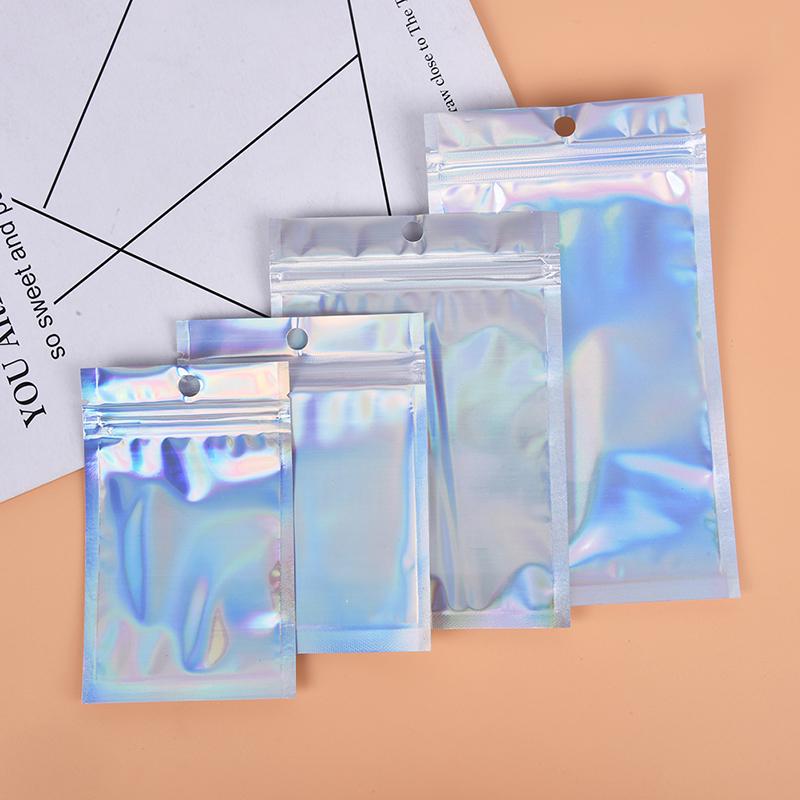 10Pcs Iridescent Zip Lock Pouches Cosmetic Plastic Laser Holographic Zipper Bags