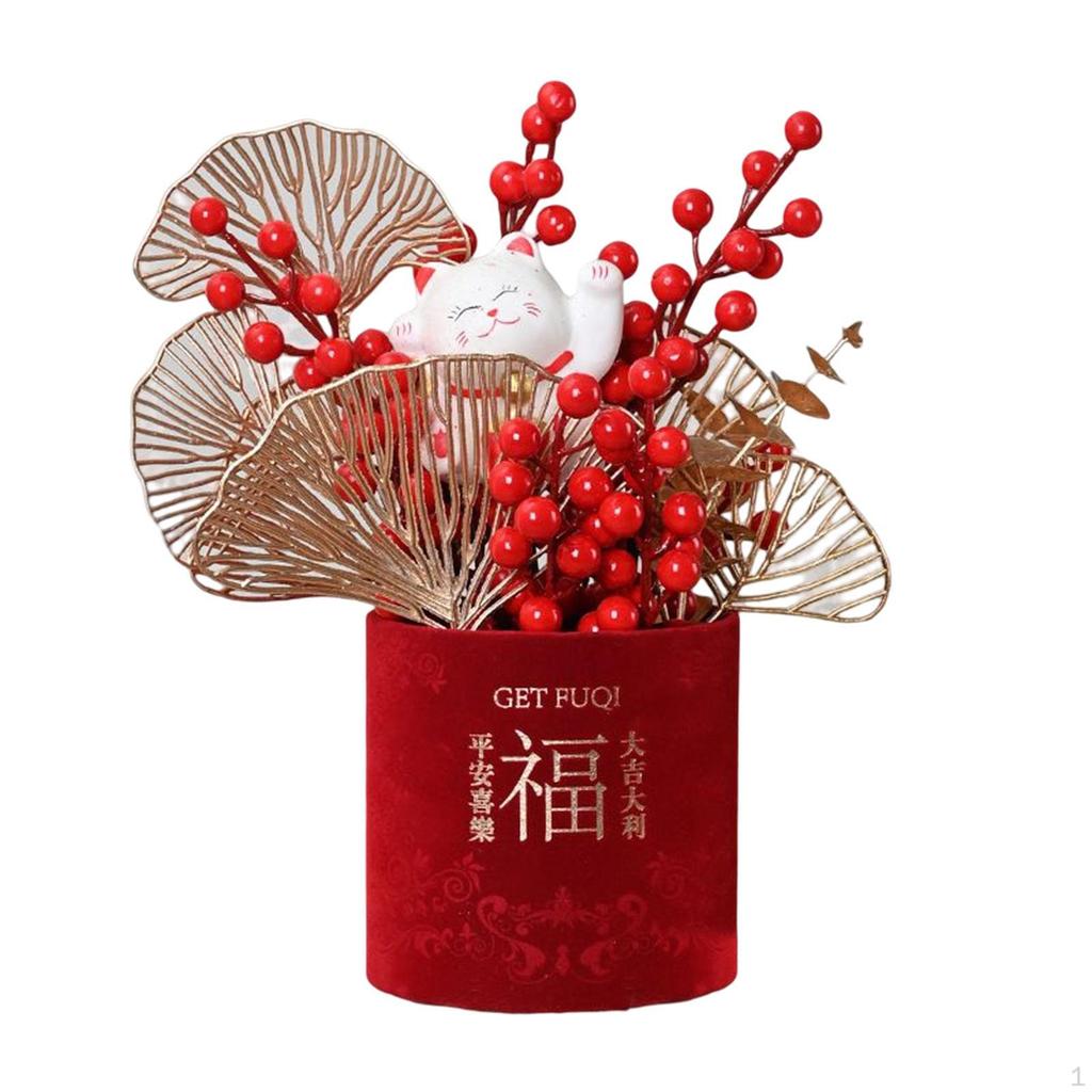 Chinese Flower Basket Ornament Arrangement Red Fruit Tree Celebration Bouquet for Festival