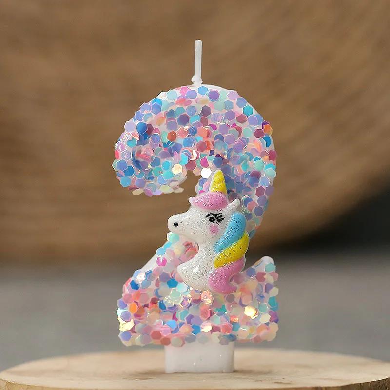 Gradient Pink Unicorn Happy Birthday Candles with 0-9 Number for Cake Decoration Children's Party Favors Cake Toppers DIY