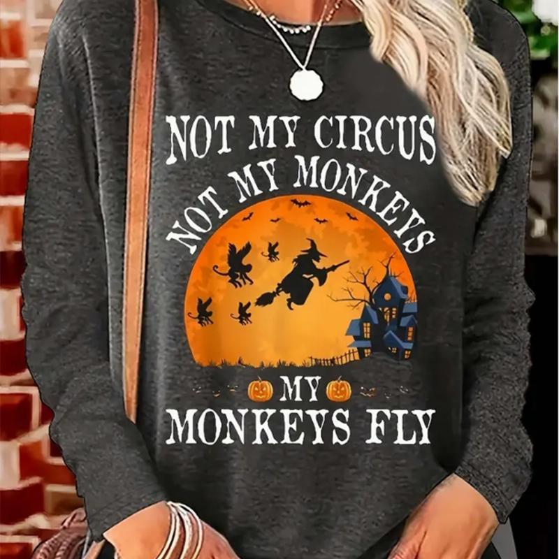 Tops For Women Halloween Night Witch Print Round Neck Long Sleeve T-shirt Fall Casual Slim Pullover Women's Long Sleeve Top