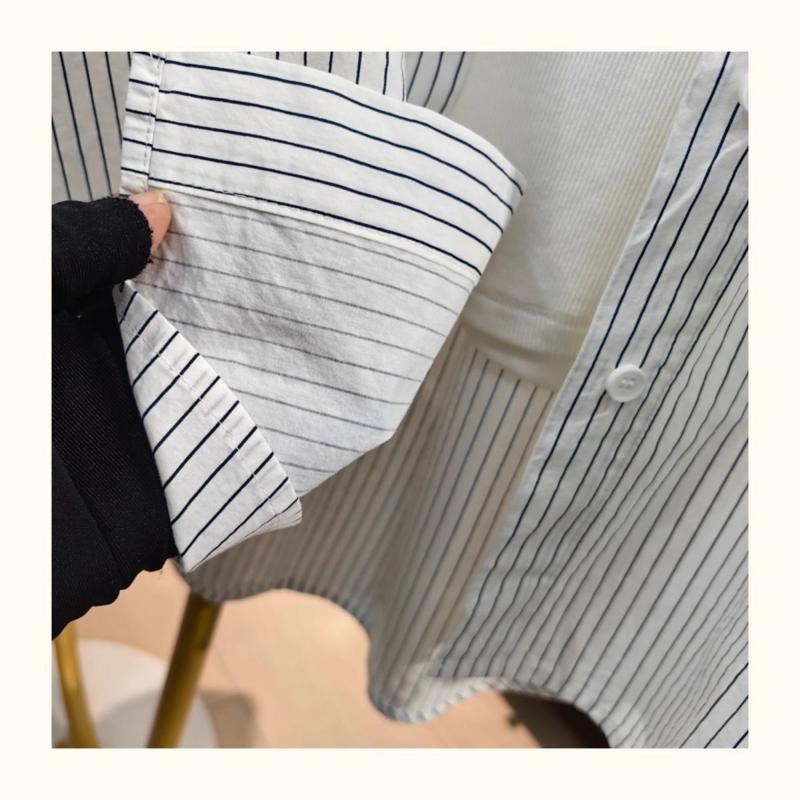 Women's White Striped Oversized Long Sleeve Shirt Casual Loose-Fit Blouse