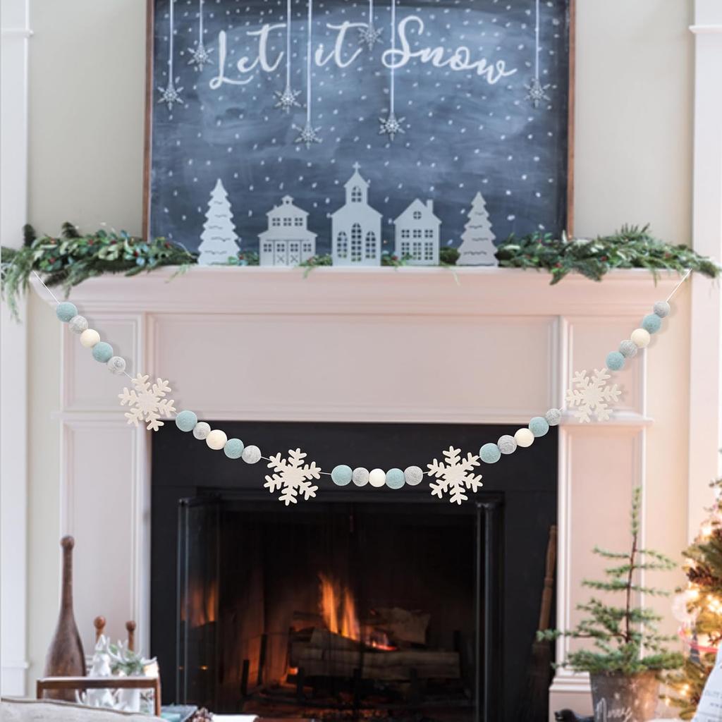 Snowflake Felt Ball Garland - Winter Birthday Home Decorations,Frozen Snowflake Garland Photo Props,Winter Wonderland Felt Ball Banner,Felt Snowflake
