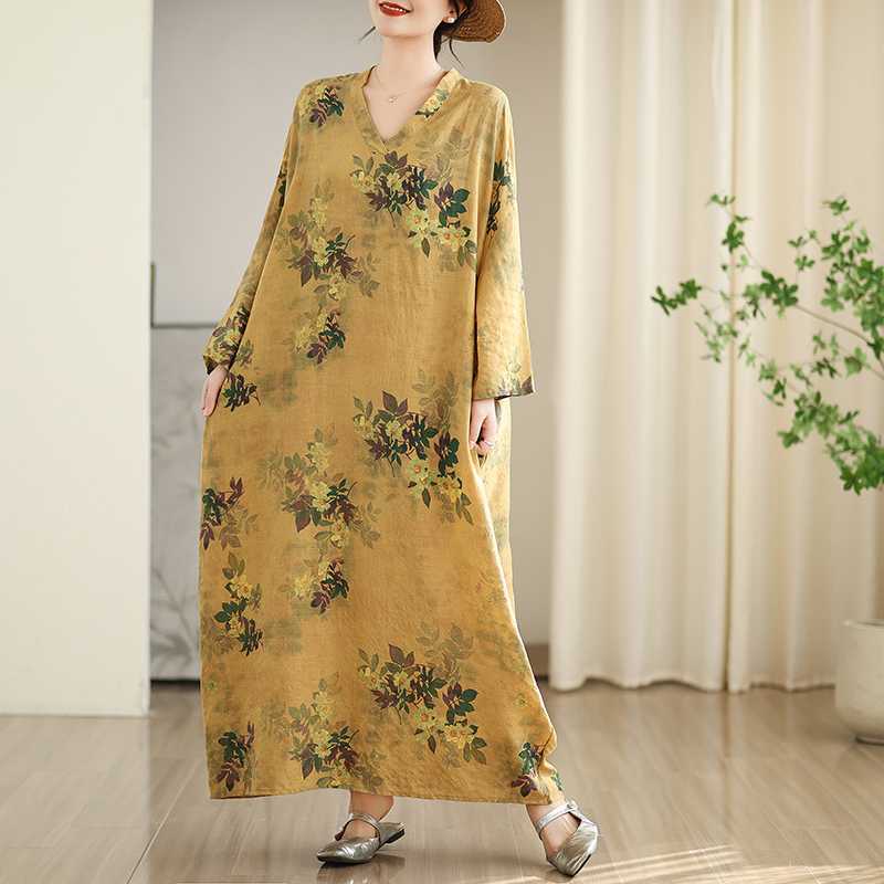 Colorful Vacation Style Travel V-neck Retro Long Skirt Cotton Linen Dress