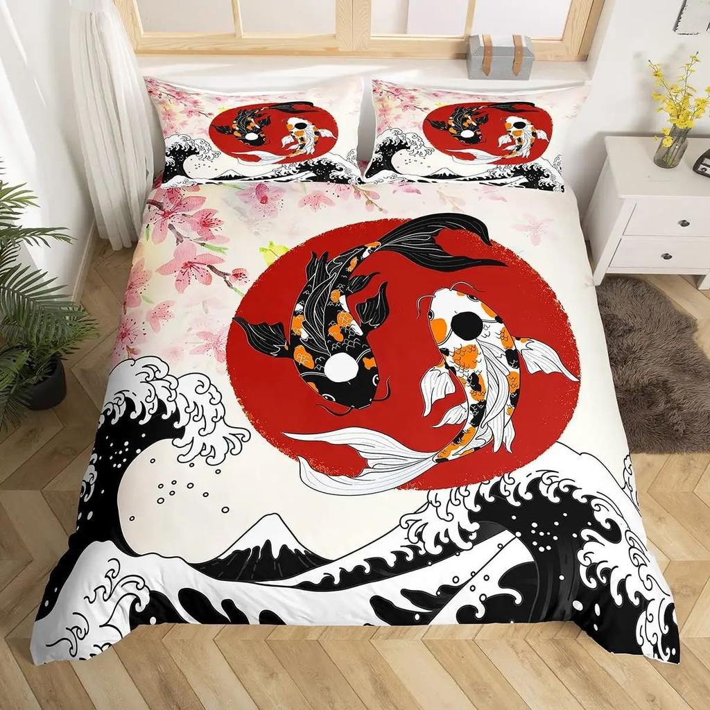 Japanskt Ukiyo-E Påslakanset Hokusai-mönster Sängklädesset Med Örngott Påslakan Tredelat Set