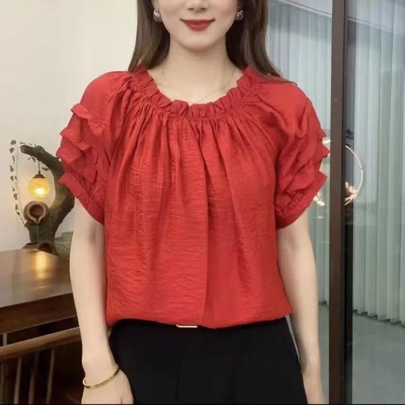 

Simplicity Office Lady Summer Women s Solid O-Neck Pleated Puff Sleeve Korean Fashion Versatile Loose Short SleeveT-Shirts Tops L червоний