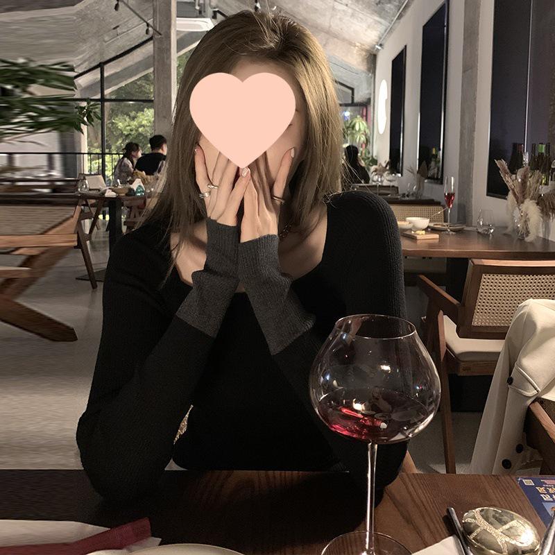 

Chic French Color Block Square Neck Knit Sweater - Women s Stylish Autumn/Winter Fitted Innerwear Small хаки