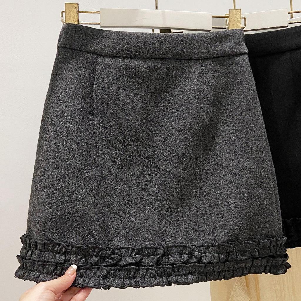 Women's College Style Wool Blend A-Line Skirt with Ear Trim, Thickened for Slimming Fit, Spring/Autumn, Plus Size