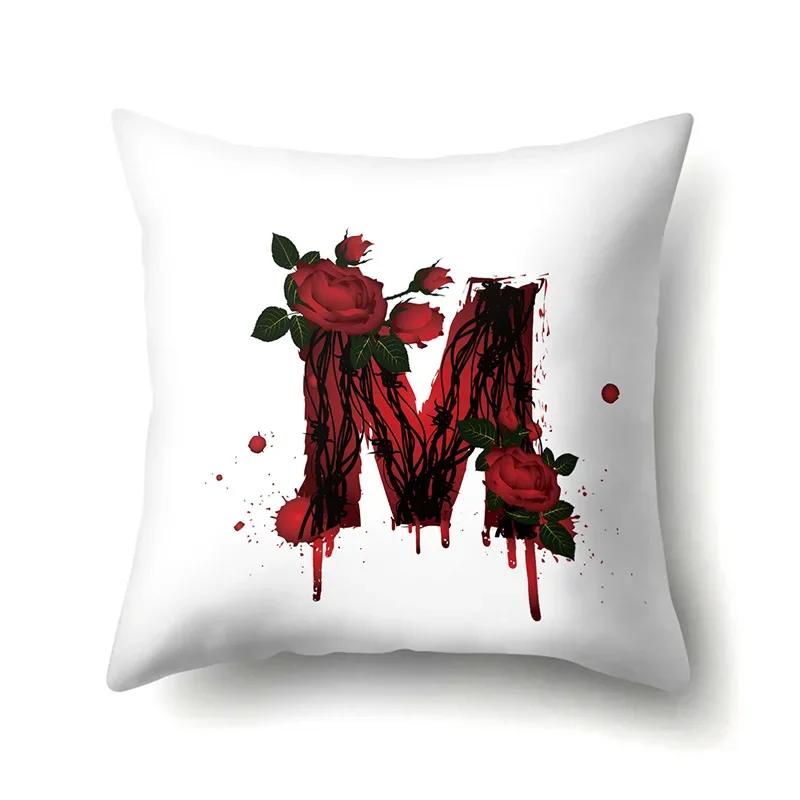 Red Rose English Letter Printing Pattern Cushion Cover Home Living Room Sofa Decoration Square Polyester Pillow