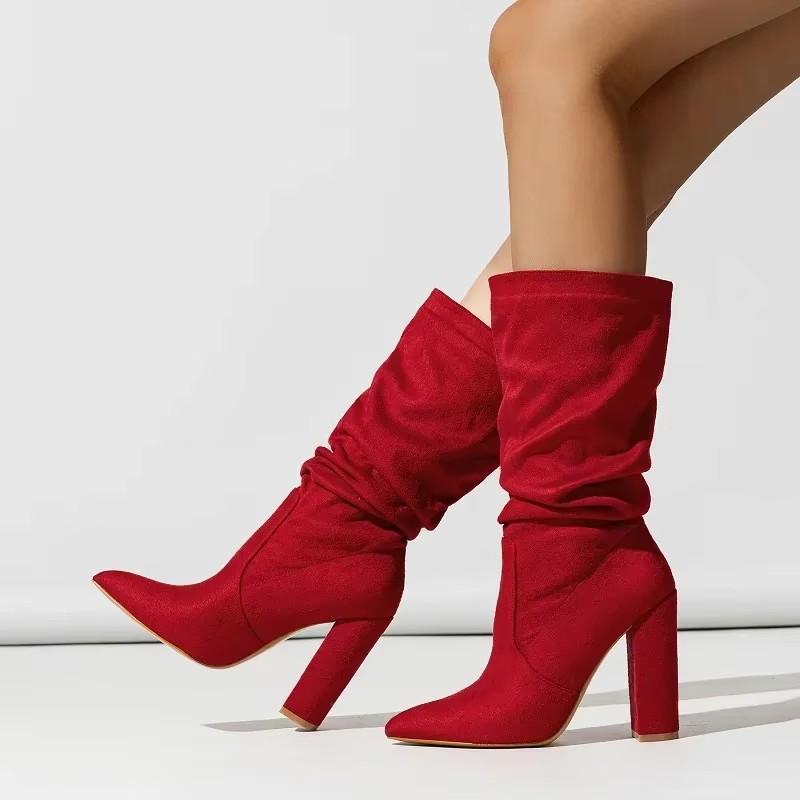 Woman Shoes 2026 Autumn Winter Pleated Ankle Boots Women Designer Pointed Toe Square High Heels Shoes Fashion Modern Short Boots