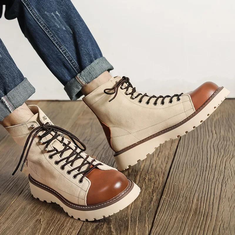 Fashion Mid-british Desert Boots for Men Color Match Autumn Winter Designer Cow Leather Platform Shoes Male Fashion Casual Ankle Boots
