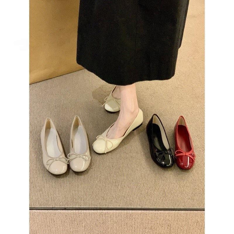 Round Head Patent Leather Single Shoes Summer Bow Flat Bottom Red Shoes Ladyshoes
