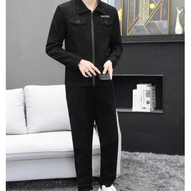 Men Autumn  Casual Track Suit Corduroy Sets Two Piece Long Trousers and Jakcet Clothing Men  Pockets Suits