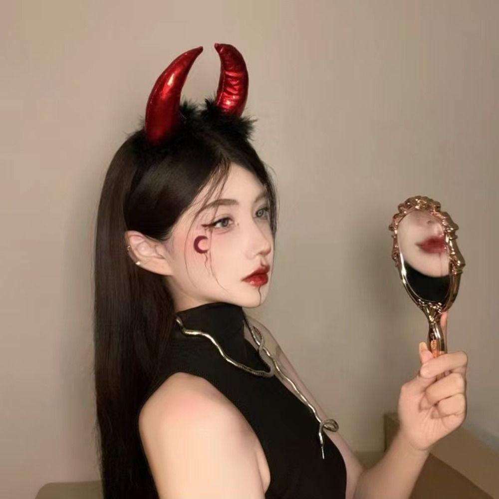 Cosplay Halloween Hair Band Black Feather Demon Hair Hoop Red Ox Horns Headband  Women Men