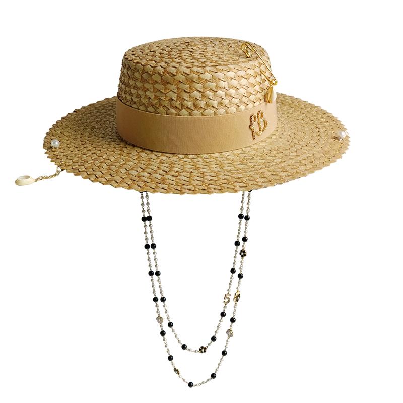S European And American Style Pin Design Straw Hat Female Hollow Letter Sun Hat Fashion Metal Chain Sunshade Hat