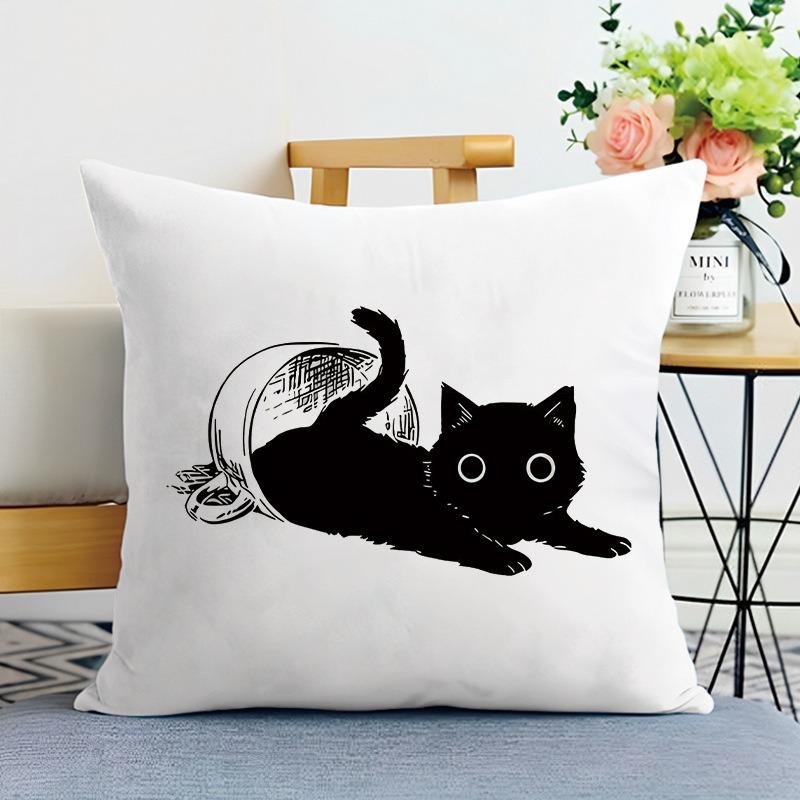 Cartoon Black Cat Print Decorative Pillowcase Bedroom Living Room Square Cushion Pillowcase