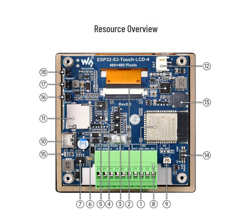 ESP32-S3 4" LCD Capacitive Touch Dev Board with LX7 Dual-Core, WiFi, Bluetooth, and BLE5 Support.