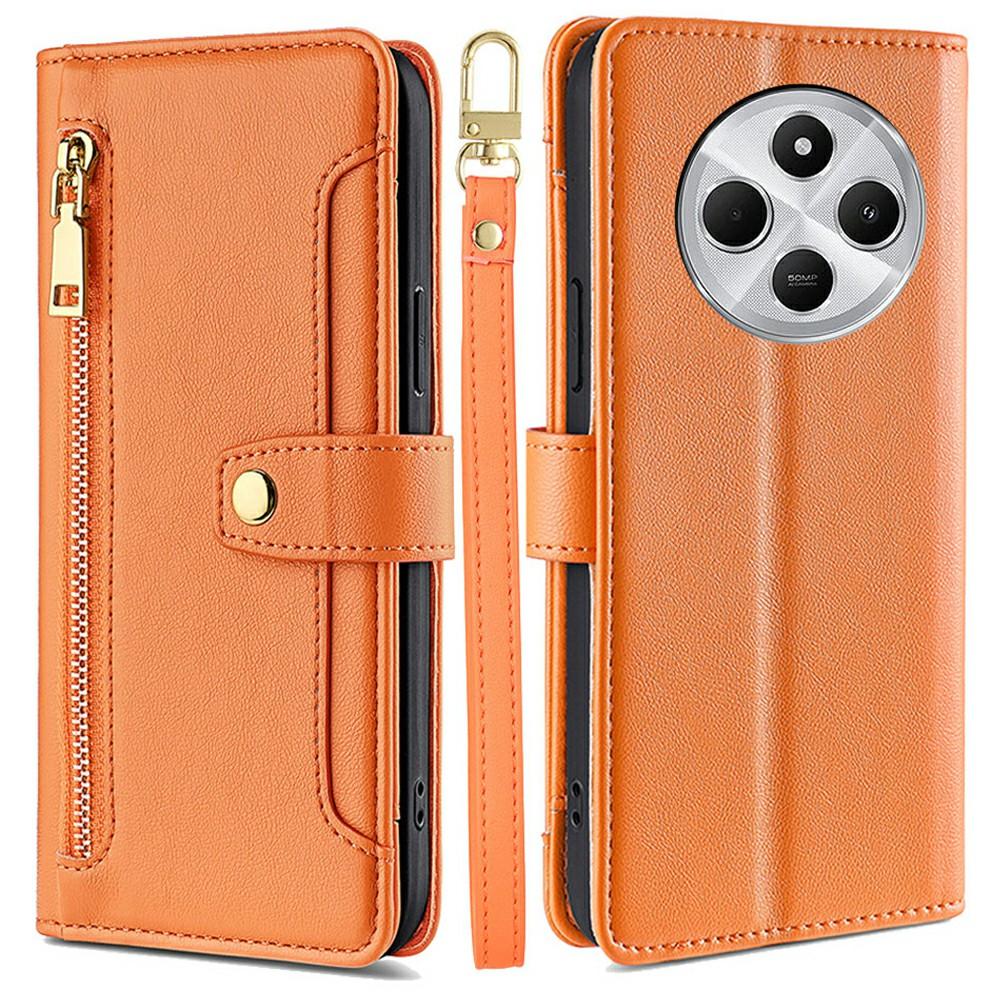 

Leather Case for Xiaomi Redmi 14C 4G/14R 5G/Poco C75 4G/A4 5G Zipper Pocket Wallet Phone Cover with 2 Straps Orange