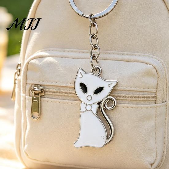 Metal Key Ring 2Pcs Black White Cat Keychain for Backpacks, Oil Dripping Enamel Kitten Ring, Bag Schoolbag Charm Decoration Accessories