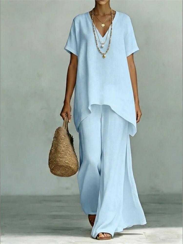 Fashion Loose Cotton Linen Short-sleeved Trousers 2 Piece Set Women Summer Casual V-neck Retro Female Wide-leg Trousers Suit