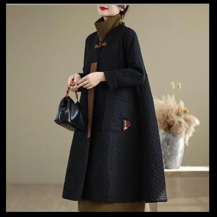 Retro Disc Buckle Fashion Rhombic Cotton Windbreaker Women's Winter Western Style Ladies Mid-length Jacket