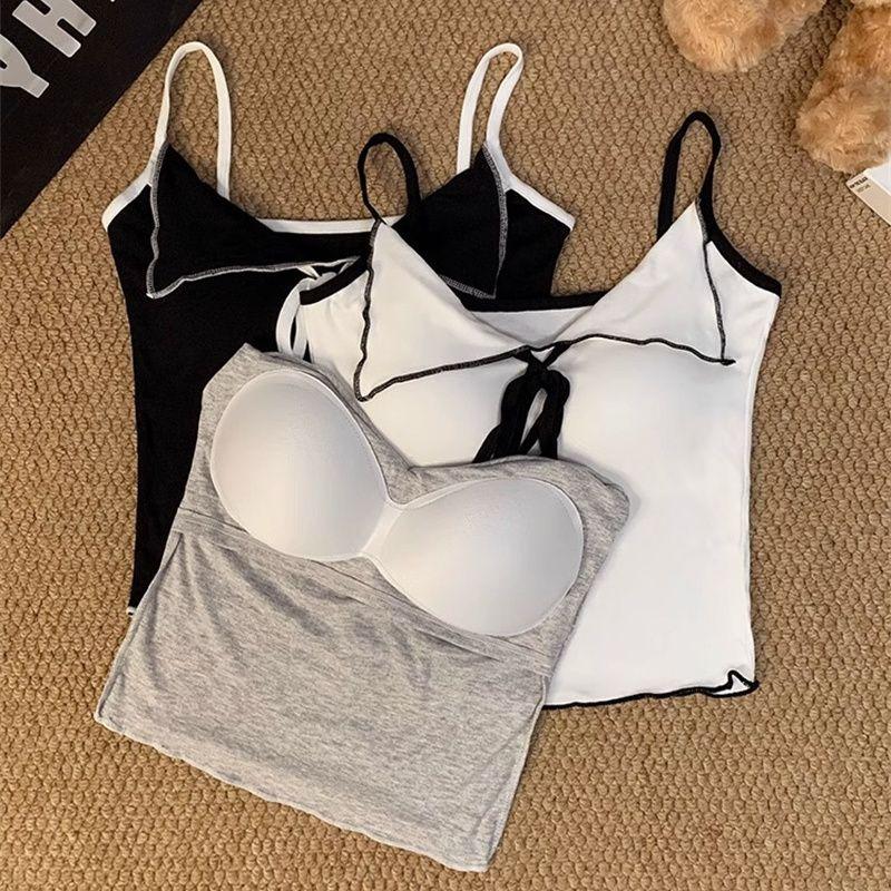 Women's Tie-up Small Lapel Camisole Vest Early Autumn V-neck with Chest Pad Beautiful Back Gray Inner Lining Top