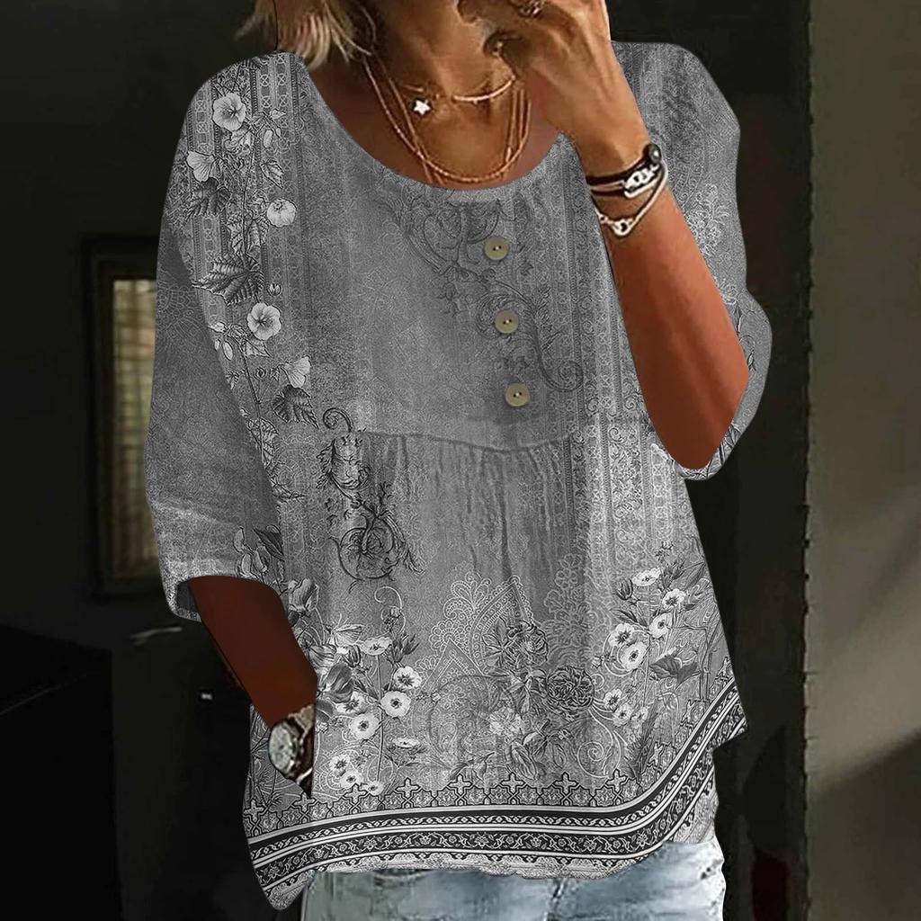 Women's Casual Fashion Three-quarter Sleeve Loose Round Neck Button Retro Print Top