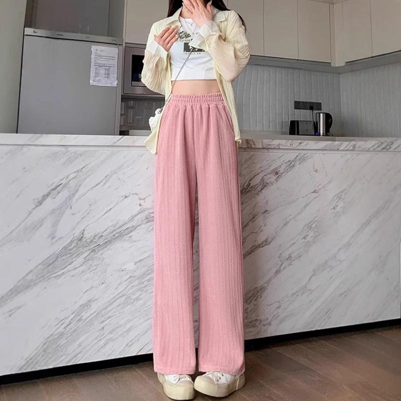 Women's White High Waist Wide-Leg Pants - Spring/Fall/Winter Slimming Knit with Wheat Ear Design.