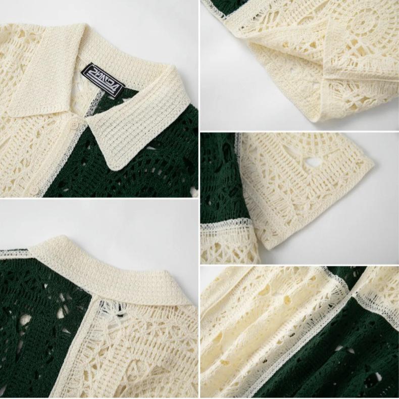 Men's Casual Knitted Short Sleeve Shirts Button Down Crochet Hollow Out Shirt Top Summer Vacation Vintage Knit Golf Beach Collared Shirts Tops for Men
