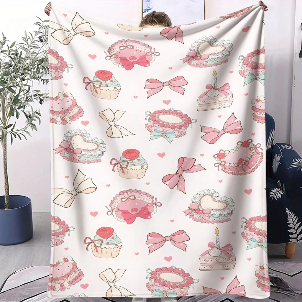 Kawaii Sakura Bow Fleece Blanket Soft Pink Cute Pattern Throw for Bedroom Sofa Ideal for Teens Girls Kawaii Aesthetic Fans