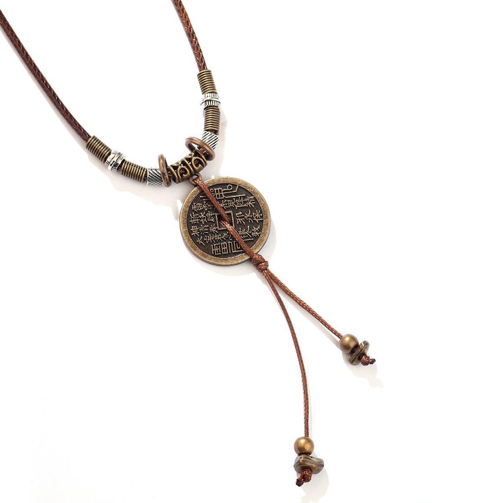 Vintage Round Leather Cord Pendant Necklace With Unique Fingerprint Design Bohemian Statement Jewelry For Women