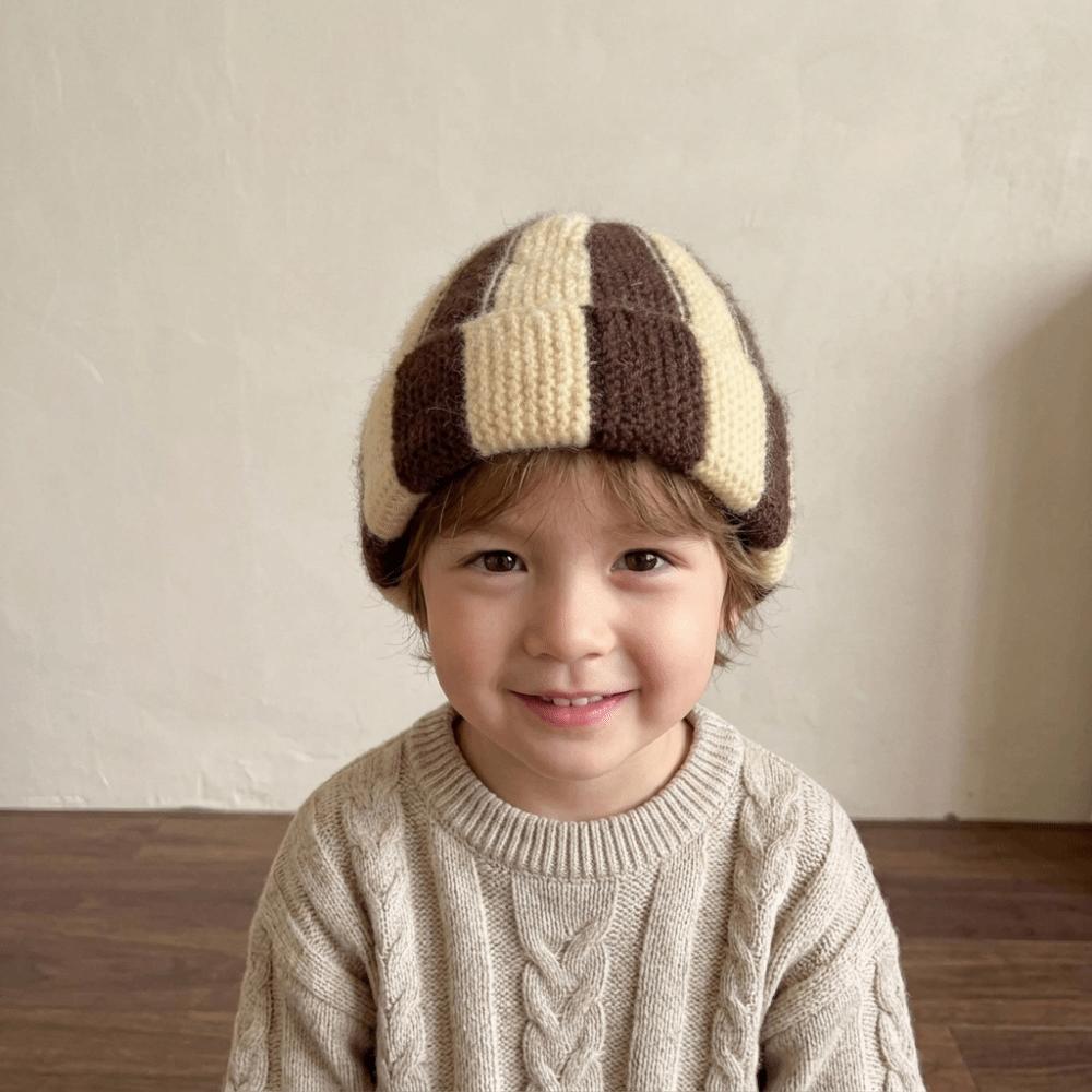 Thick Striped Beanie Hat Color Blocked Children Warm Hat Fashion Knitted Cap Gift