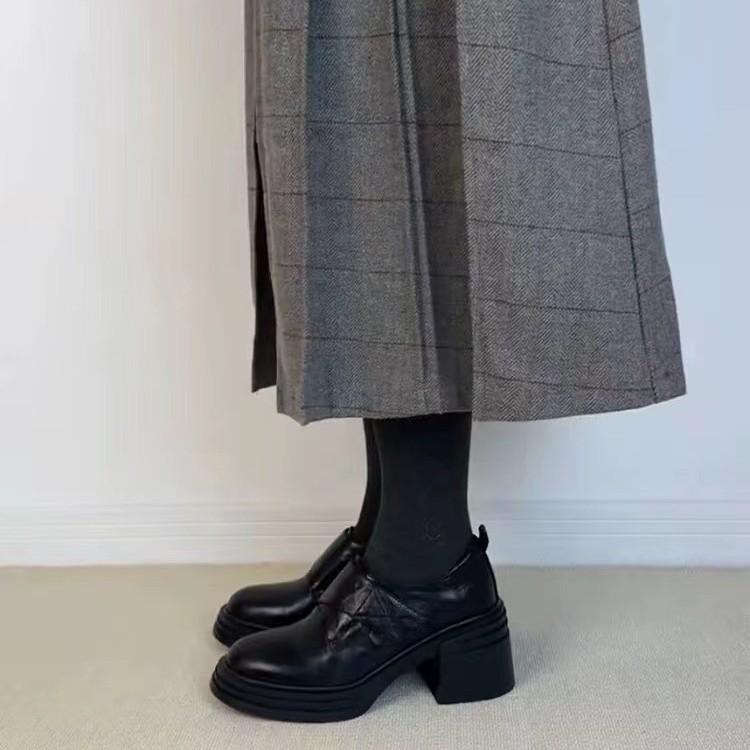 Sheepskin Version~ Retro Leather Velcro Thick Heel Small Leather Shoes Women's 2025 New High-heeled Loafers Round Head Single Shoes