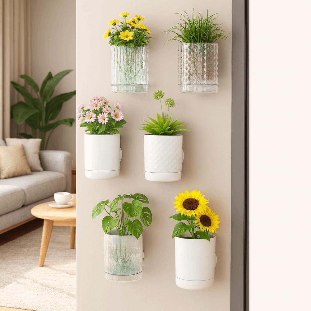 Plastic Hydroponic Wall Planter Self-Adhesive Decorative Hanging Flower Pot Double Layer Space Saving Wall Mounted Planter