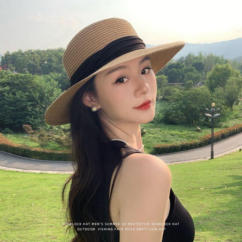 Hepburn wind flat top sunscreen straw hat women's summer big brim sunshade bucket hat seaside vacation beach sun hat