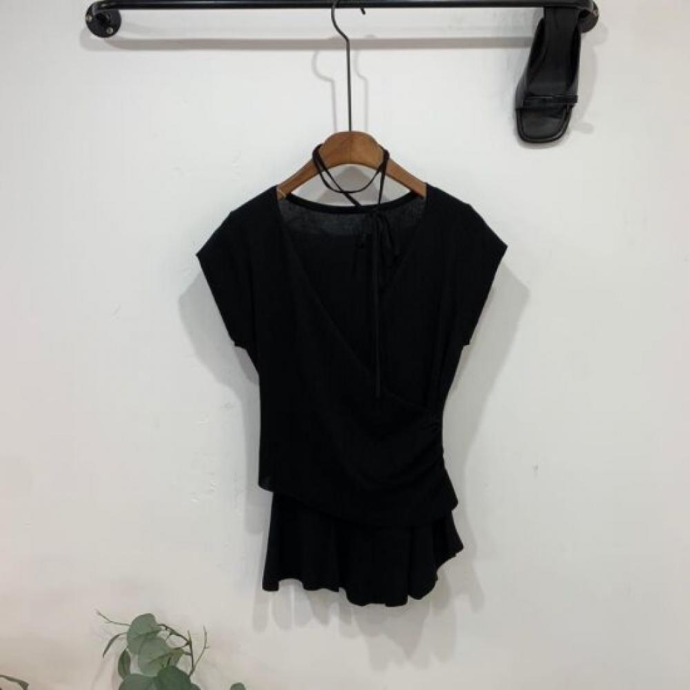 C S In The Room tSuka Strap ShirrIng V neCk Wrap Cap SleeVe Knit 4 ColorS