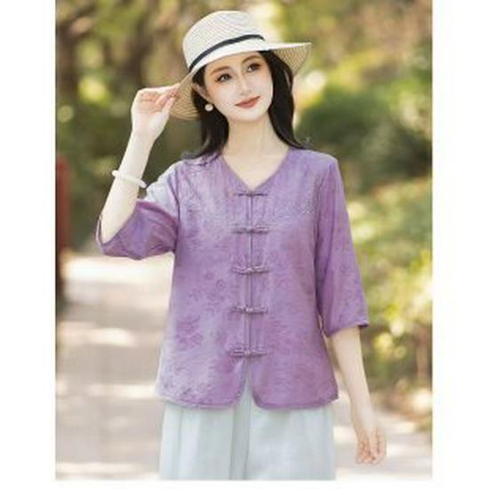 

Spring 2026 Fashionable Printed Three-Quarter Sleeve Blouse for Middle-Aged and Elderly Women 5XL фіолетовий