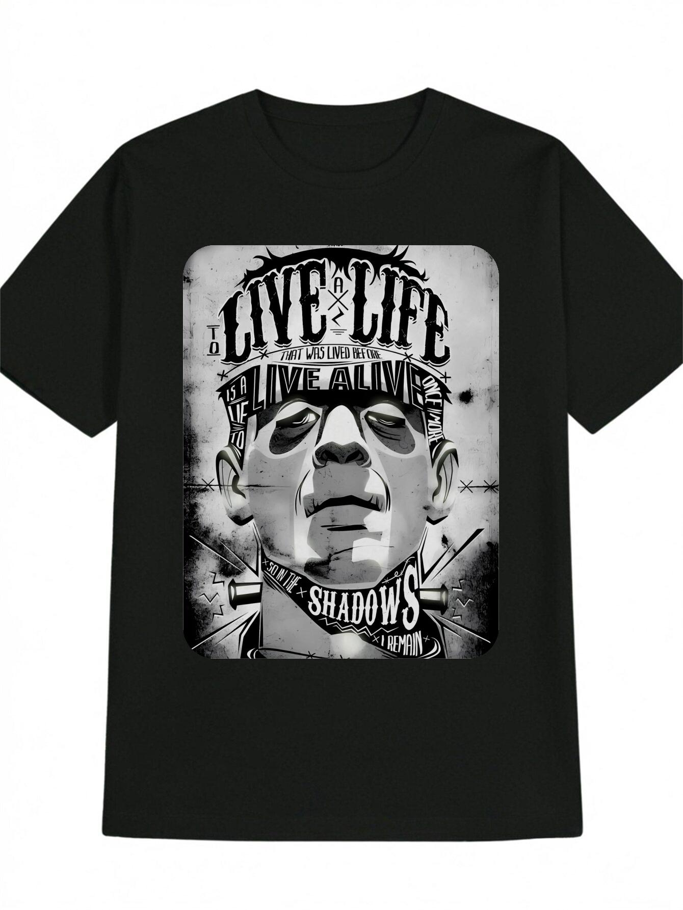 Casual Crew Neck T-shirt with Inspirational LIVE LIFE Graphic Print - Bold Black & White Design XL