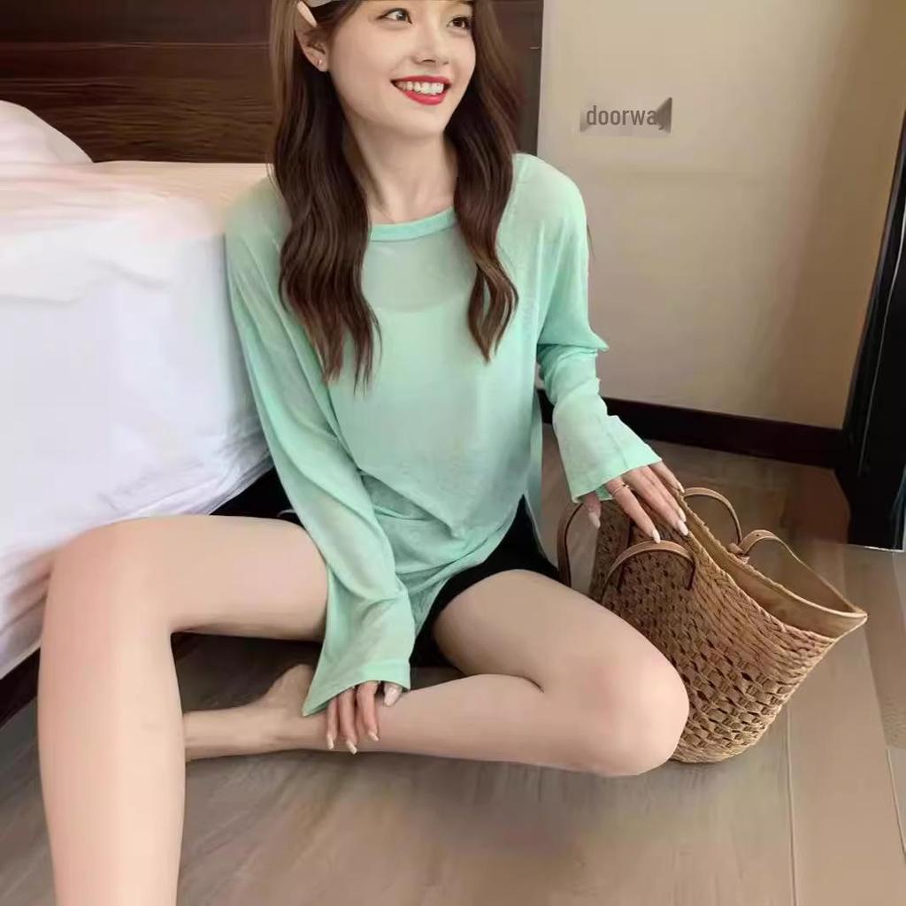 2025 Avocadogrüne, schicke Langarm-Sonnenschutzbluse mit unregelmäßigem Schlitz für Damen