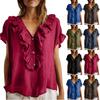 Damen Bluse mit Rüschenbesatz, kurzärmlig, Knopfleiste vorne, V-Ausschnitt, leichtes Freizeitoberteil für den täglichen Gebrauch