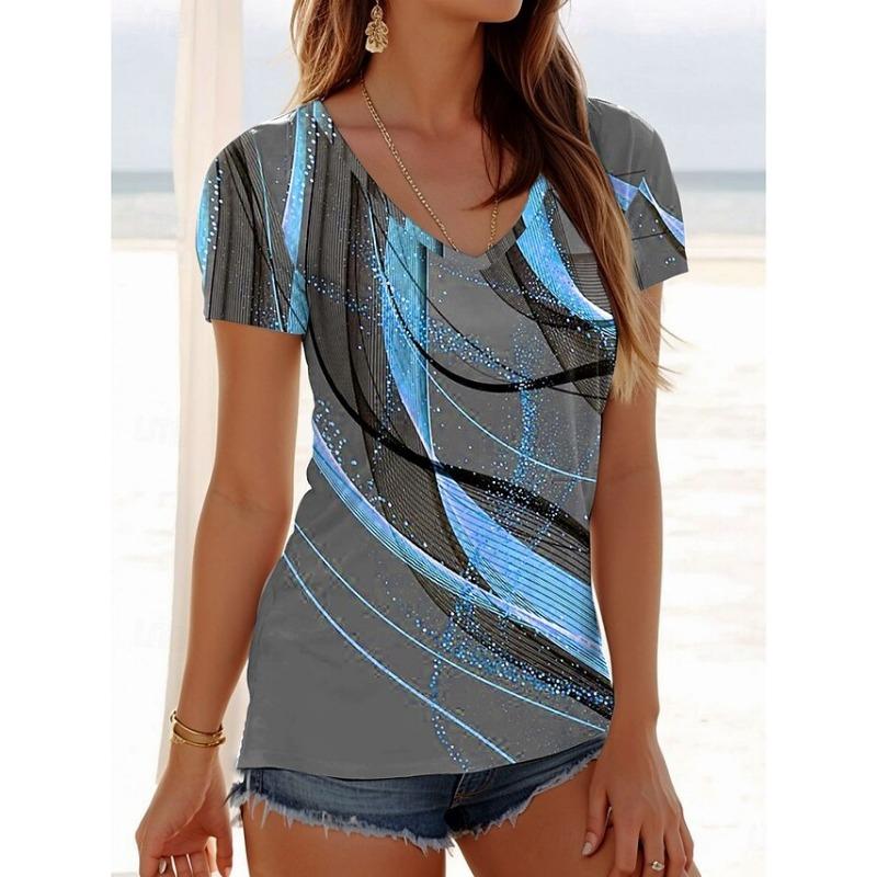 

Новая женская футболка с коротким рукавом свободного кроя с V-образным вырезом и цифровой 3D-печатью в европейском и американском стиле 2XL