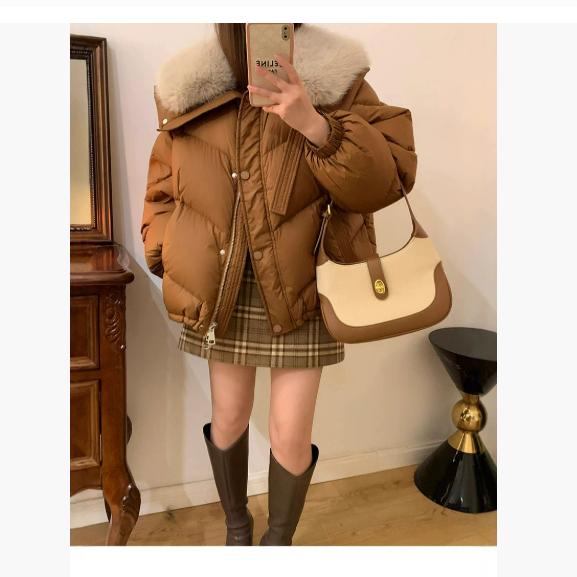 Großer Pelzkragen, Kleine Daunenjacke, Damen Winter Kordelzug Kurze Steppjacke