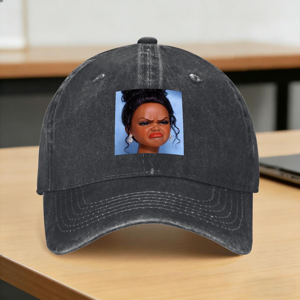 Angry Disgusted Black Doll Face Meme Washed Baseball Cap Fitted Retro Sun Trucker Hat Summer Women Unisex Kpop Rock Snapback Cap