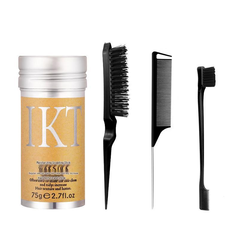 

Набір воску для волосся у стіку та гребінця з англомовним маркуванням: Контроль пухнастості та фінішне укладання