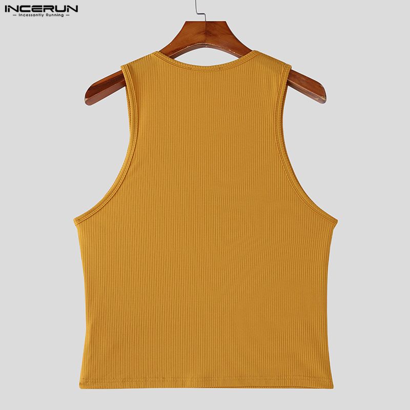 INCERUN Summer Men Sleeveless Strap Decorative Ribbed Casual Tank Tops