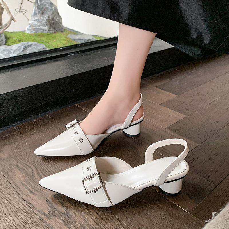 Circle Low Heel Sandals Women Shoes Solid Color Pointed Toe Small Fragrant Style Ladies Back Style Single Shoes Shoes for Women