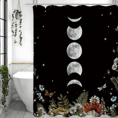Moon Phase Witchcraft Gothic Wildflower Night Sky Floral Shower Curtain, Bathroom Decorative Shower Curtain, Waterproof Shower C