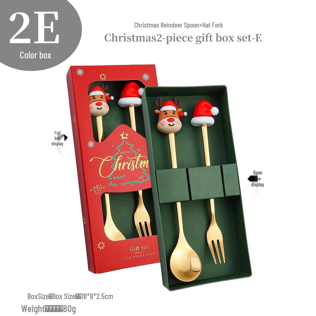 Cross-Border Christmas Stainless Steel Fork & Spoon Gift Set - Reindeer & Snowman Cartoon Pattern Dessert Gold Cutlery